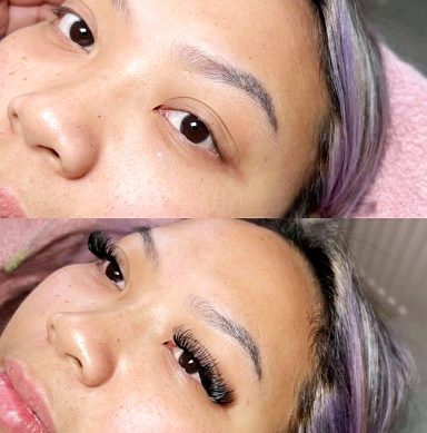 Close-up of a woman's face before and after applying eyelash extensions.